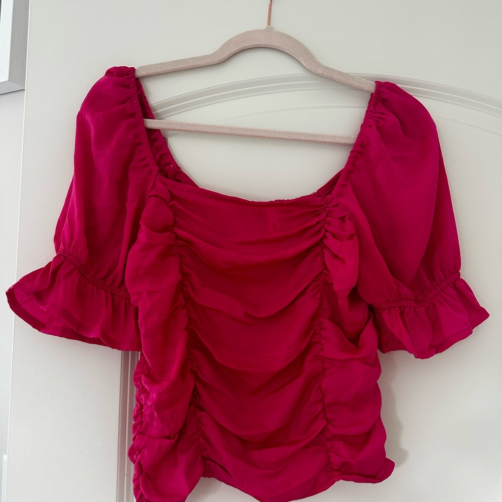 Glam Pink Puff Sleeve Ruched Blouse